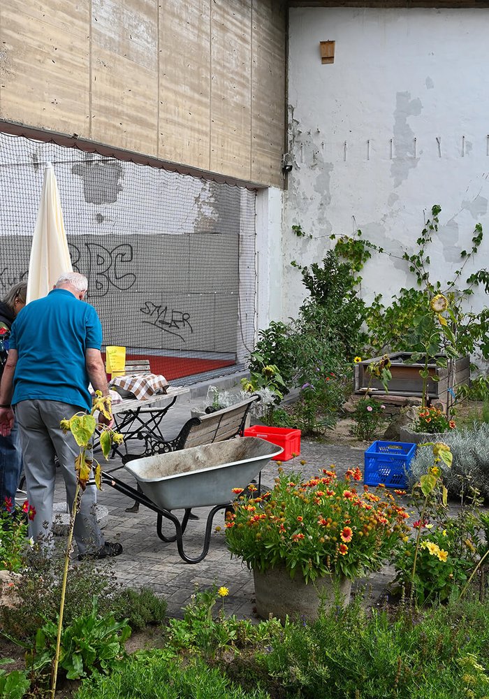 Ein grüner Garten, in dem zwei Personen stehen und gärtnern.