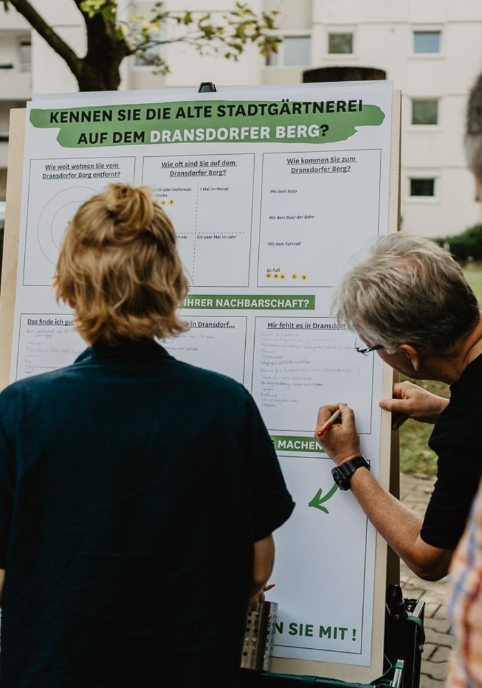 mehrere Menschen stehen vor einem Aufsteller und schreiben darauf (im Rahmen der aufsuchenden Beteiligung)